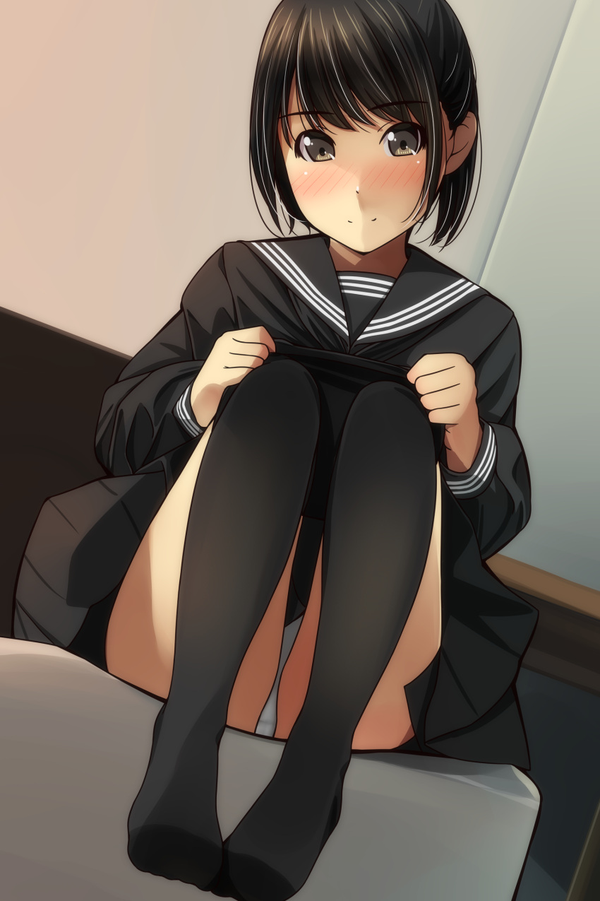 1girl absurdres bangs black_hair black_legwear black_sailor_collar black_serafuku black_shirt black_skirt blush brown_eyes closed_mouth dutch_angle eyebrows_visible_through_hair head_tilt highres indoors knees_up long_sleeves matsunaga_kouyou no_shoes nose_blush original panties pantyhose pantyhose_pull pleated_skirt pulled_by_self sailor_collar school_uniform serafuku shirt sidelocks sitting skirt smile solo underwear white_panties