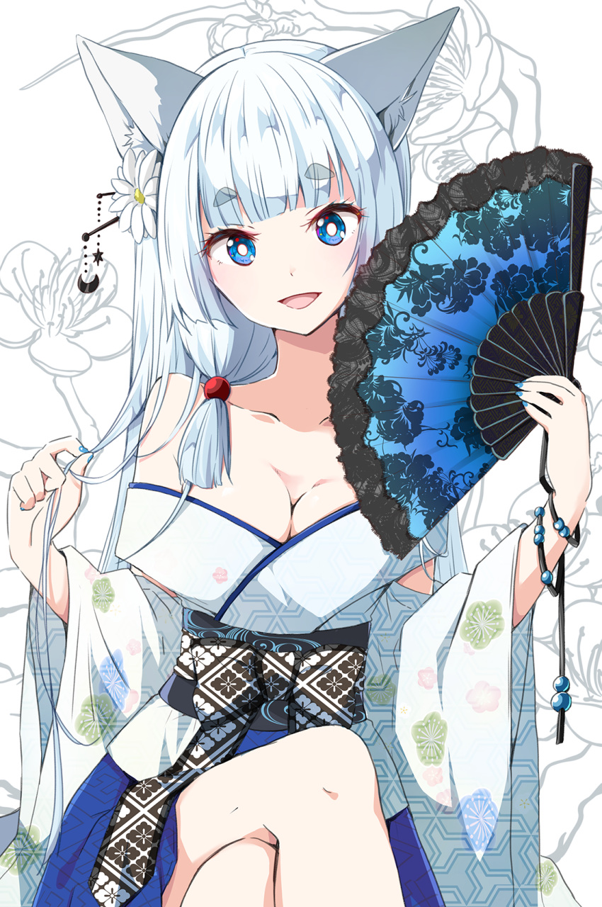 1girl animal_ear_fluff animal_ears bangs blue_eyes blue_nails blue_skirt blunt_bangs blush breasts cleavage commentary_request fan fingernails floral_background floral_print flower folding_fan hair_flower hair_ornament hands_up head_tilt highres holding holding_fan japanese_clothes kimono legs_crossed long_hair long_sleeves medium_breasts nail_polish off_shoulder original personification ragho_no_erika reiwa short_eyebrows silver_hair sitting skirt solo thick_eyebrows very_long_hair white_background white_flower white_kimono wide_sleeves