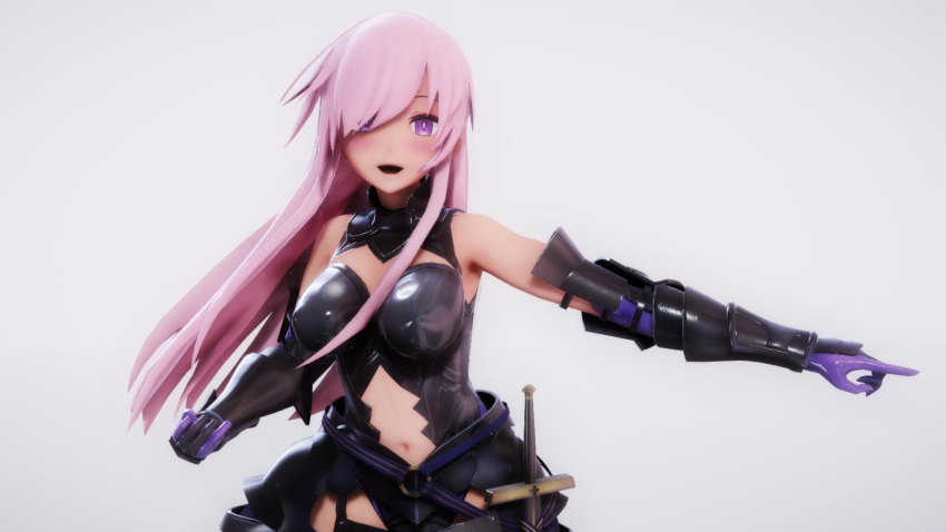 1girl 3d armor armored_dress bare_shoulders black_gloves black_legwear black_leotard breasts cleavage cleavage_cutout elbow_gloves fate/grand_order fate_(series) gloves hair_over_one_eye highres large_breasts lavender_hair leotard long_hair looking_at_viewer mash_kyrielight mmn_(no_tepad) navel navel_cutout purple_hair shiny shiny_clothes solo thigh_strap violet_eyes