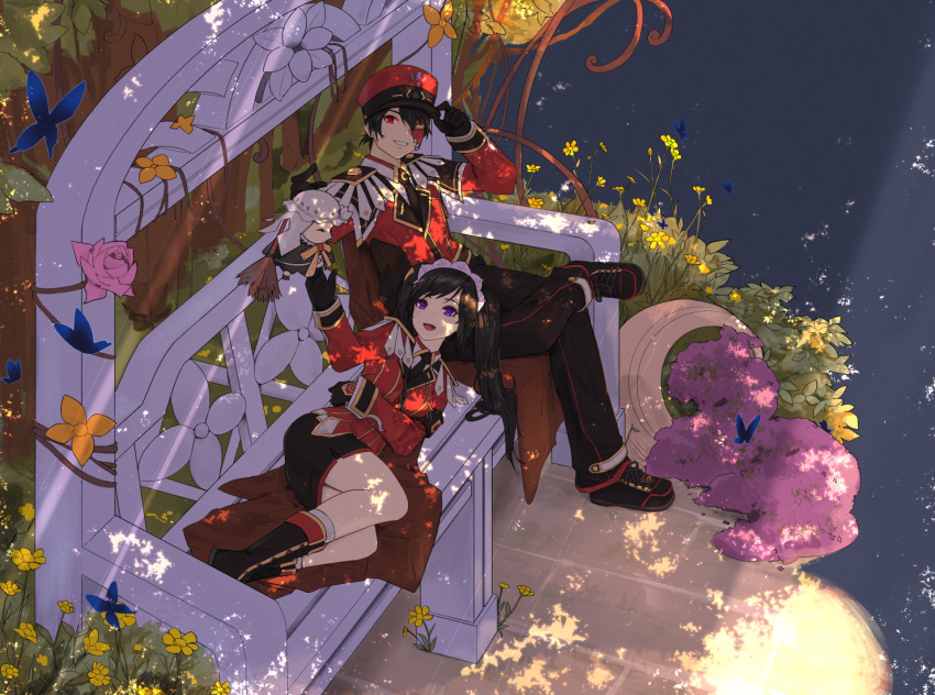 1boy 1girl aisha_(elsword) aisha_(mospeada) chair drone elsword elsword_(character) garden hat headdress highres lying_on_lap mask officer sa_(sam-ya) twintails uniform