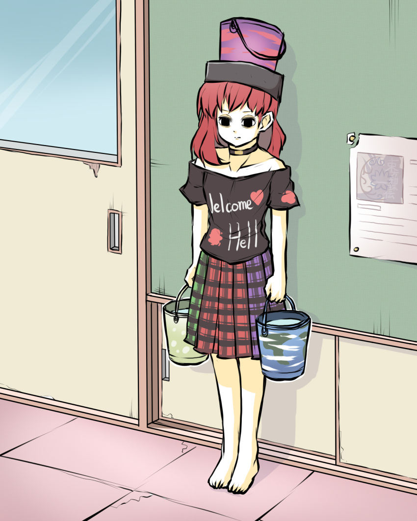 1girl alternate_eye_color bangs bare_shoulders barefoot black_choker black_eyes black_shirt blue_skirt bucket bucket_on_head choker clothes_writing collarbone commentary_request door empty_eyes full_body green_skirt hallway heart hecatia_lapislazuli highres holding holding_bucket indoors long_hair multicolored multicolored_clothes multicolored_skirt object_on_head off-shoulder_shirt off_shoulder peroponesosu. plaid plaid_skirt polos_crown red_skirt redhead shadow shirt short_sleeves skirt sliding_doors solo standing t-shirt tile_floor tiles touhou