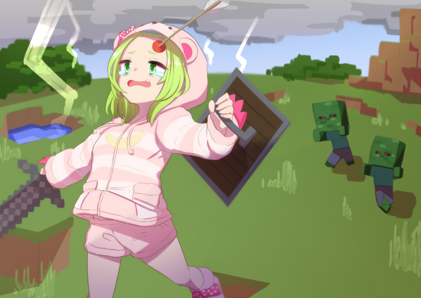 arrow blonde_hair blue_hairband bush chasing clouds commentary_request dark_clouds fang fleeing grass hairband hill holding holding_shield holding_sword holding_weapon hood hooded_sweater kio_(yumekuikio) lightning medium_hair minecraft morinaka_kazaki nijisanji open_mouth outdoors pantyhose pink_clothes pink_footwear pink_legwear pink_ribbon pink_shorts pink_sweater polka_dot_ribbon ribbon scared shield shoes short_shorts shorts striped striped_sweater sweater sweater_vest sword teardrop tears virtual_youtuber weapon zombie_(minecraft)