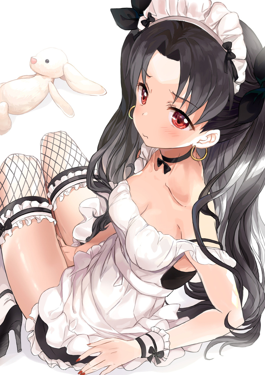 1girl absurdres alternate_costume between_legs black_hair blush bow choker collarbone doll earrings enmaided fate/grand_order fate/stay_night fate_(series) fishnet_legwear fishnets frills hair_bow hand_between_legs high_heels highres jewelry looking_back maid maid_headdress nail_polish off_shoulder pout rabbit red_eyes saya_(mychristian2) sitting thigh-highs tohsaka_rin twintails