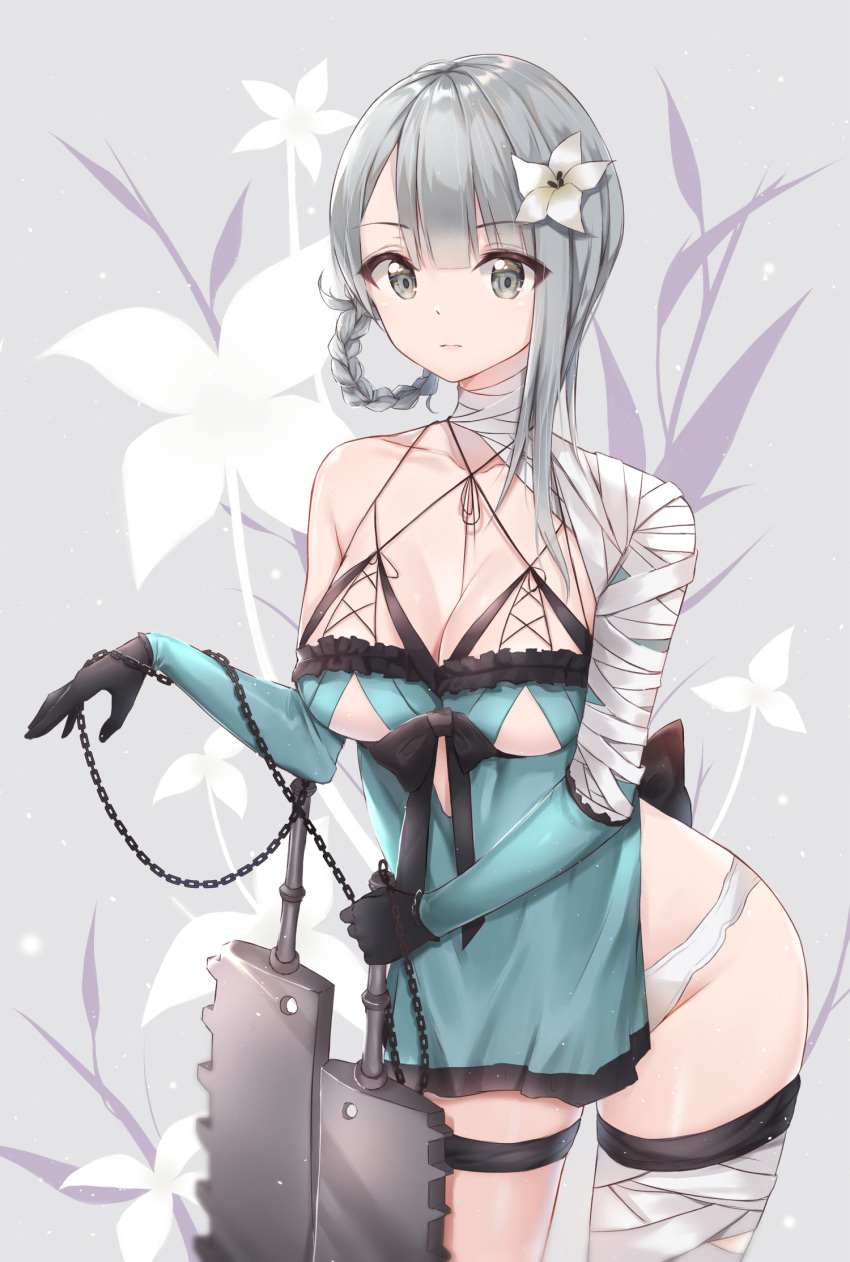 1girl bandage bare_shoulders black_gloves blue_dress blurry braid breasts cleavage closed_mouth cowboy_shot cuna_(qunya) depth_of_field detached_sleeves dress expressionless flower gloves grey_eyes groin hair_flower hair_ornament hair_rings highres holding holding_weapon kaine_(nier) large_breasts long_hair long_sleeves looking_at_viewer nier nier_(series) panties silver_hair solo standing thigh_strap thighs underwear weapon white_flower white_panties