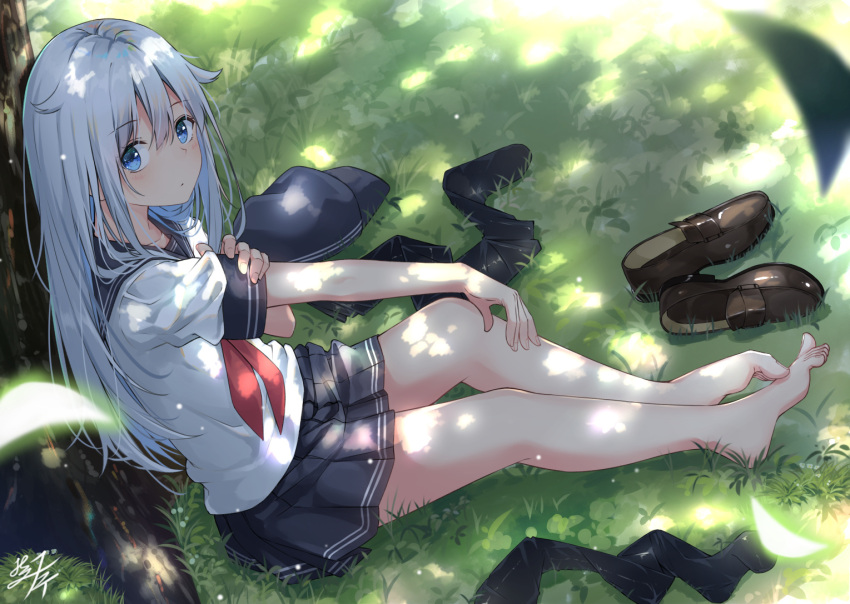 1girl anchor_symbol barefoot black_legwear blue_eyes blush brown_footwear comic day flat_cap footwear_removed hat hat_removed headwear_removed hibiki_(kantai_collection) holding_arm kantai_collection legwear_removed loafers long_hair long_sleeves looking_at_viewer miko_fly neckerchief outdoors pleated_skirt red_neckwear school_uniform serafuku shade shoes short_sleeves signature silver_hair sitting skirt thigh-highs thighs toes