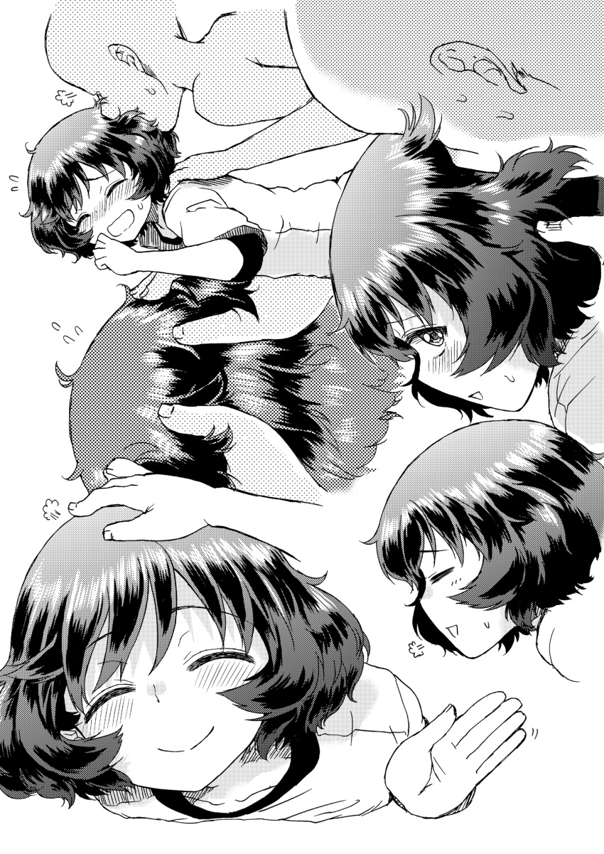 1girl :d =3 =_= akiyama_yukari blush comic disembodied_hands disembodied_limb doujinshi embarrassed faceless faceless_male hand_in_another's_hair hand_on_another's_head highres hirota_masatane looking_at_viewer looking_back lying messy_hair monochrome multiple_views on_stomach open_mouth screentones short_hair smelling_hair smile sweat waving wavy_mouth white_background