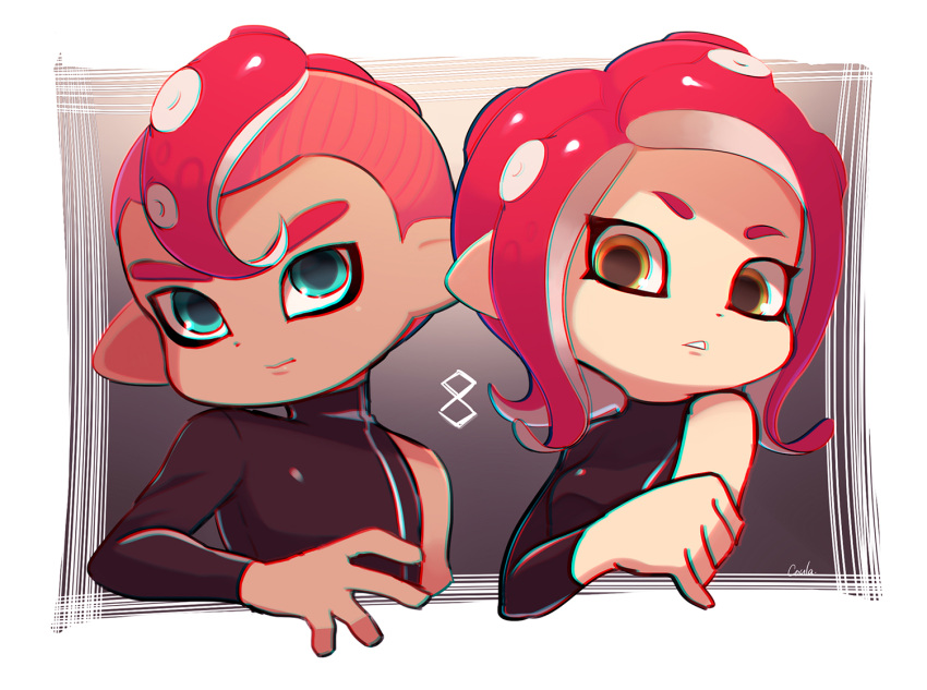 1boy 1girl agent_8 blue_eyes chromatic_aberration closed_mouth coula_cat dark_skin dark_skinned_male long_hair long_sleeves looking_at_viewer mohawk octarian octoling parted_lips redhead short_hair single_bare_shoulder single_sleeve splatoon splatoon_(series) splatoon_2 splatoon_2:_octo_expansion suction_cups tentacle_hair turtleneck upper_body yellow_eyes