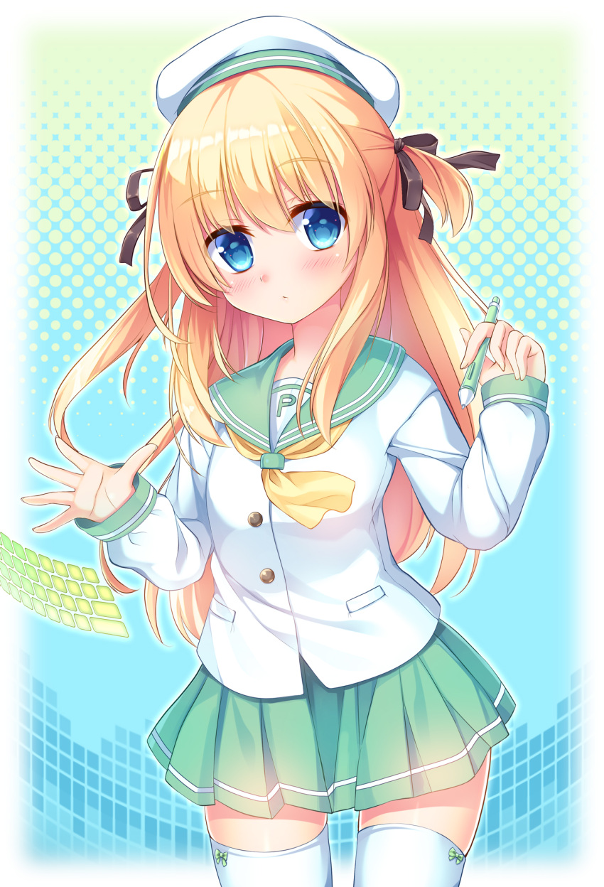 1girl black_bow blonde_hair blue_eyes blush bow closed_mouth eyebrows_visible_through_hair green_skirt hair_bow highres long_hair long_sleeves looking_at_viewer neckerchief original sailor_collar shimotsuki_potofu skirt solo stylus thigh-highs umitonakai white_headwear white_legwear yellow_neckwear