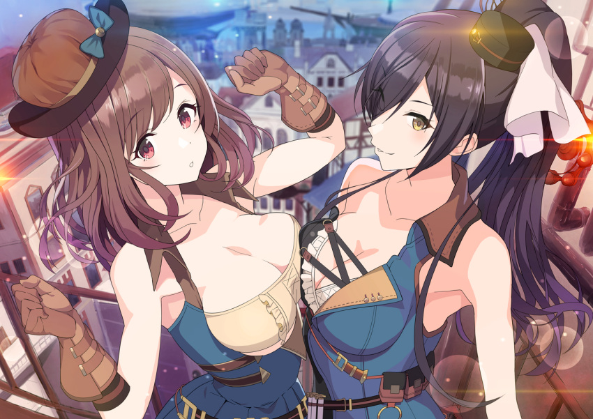 2girls arm_up bangs bare_shoulders black_hair blue_dress breasts brown_gloves brown_hair building cityscape cleavage commentary_request costume dress eyebrows_visible_through_hair from_side gloves hair_ribbon hat high_ponytail idol idolmaster idolmaster_shiny_colors large_breasts long_hair multiple_girls open_mouth outdoors pink_eyes ponytail railing ribbon shirase_sakuya sidelocks smile tomato_(madanai_the_cat) tsukioka_kogane under_boob white_ribbon yellow_eyes
