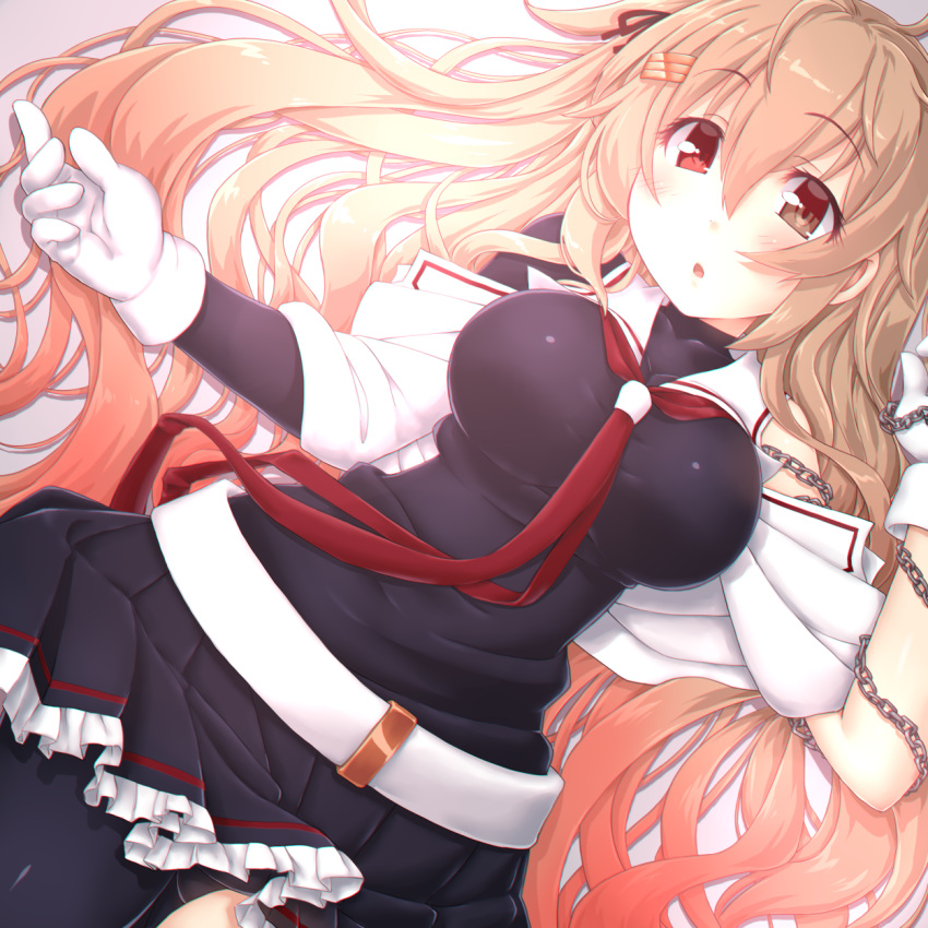 1girl asymmetrical_clothes asymmetrical_legwear belt black_legwear black_serafuku black_skirt blush breasts brown_eyes chains collarbone dd_(ijigendd) frilled_skirt frills gloves hair_ornament hairclip heterochromia highres kantai_collection large_breasts light_brown_hair long_hair looking_at_viewer murasame_(kantai_collection) parted_lips red_eyes red_neckwear remodel_(kantai_collection) school_uniform serafuku simple_background single_sleeve skirt solo two_side_up upper_body very_long_hair white_background white_belt white_gloves