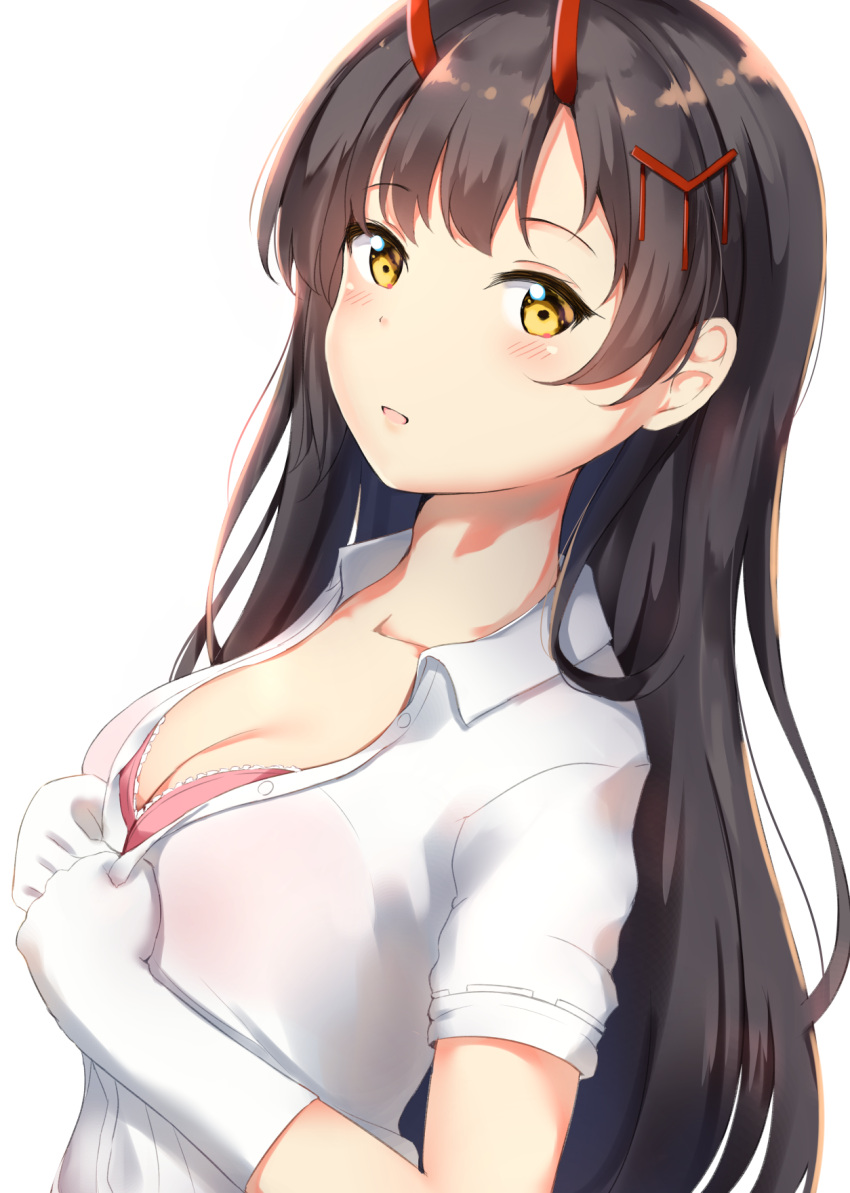 1girl arms_up azur_lane black_hair blush bra breasts cleavage collarbone gloves hair_ornament hairclip hands_on_own_chest highres horns leaning_back long_hair looking_at_viewer medium_breasts oni_horns open_clothes open_shirt parted_lips pink_bra ponyaru see-through shirt short_sleeves simple_background solo standing suzuya_(azur_lane) unbuttoning underwear upper_body very_long_hair white_background white_gloves white_shirt yellow_eyes
