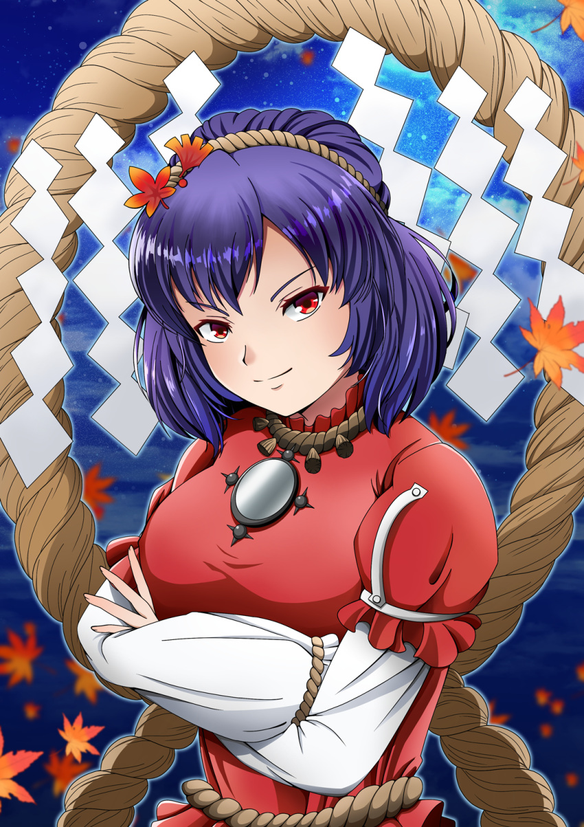 1girl breasts commentary_request crossed_arms hair_leaf head_tilt highres large_breasts leaf looking_at_viewer maple_leaf mirror murasaki_tsutsuji purple_hair red_eyes rope shide shimenawa short_hair solo touhou yasaka_kanako