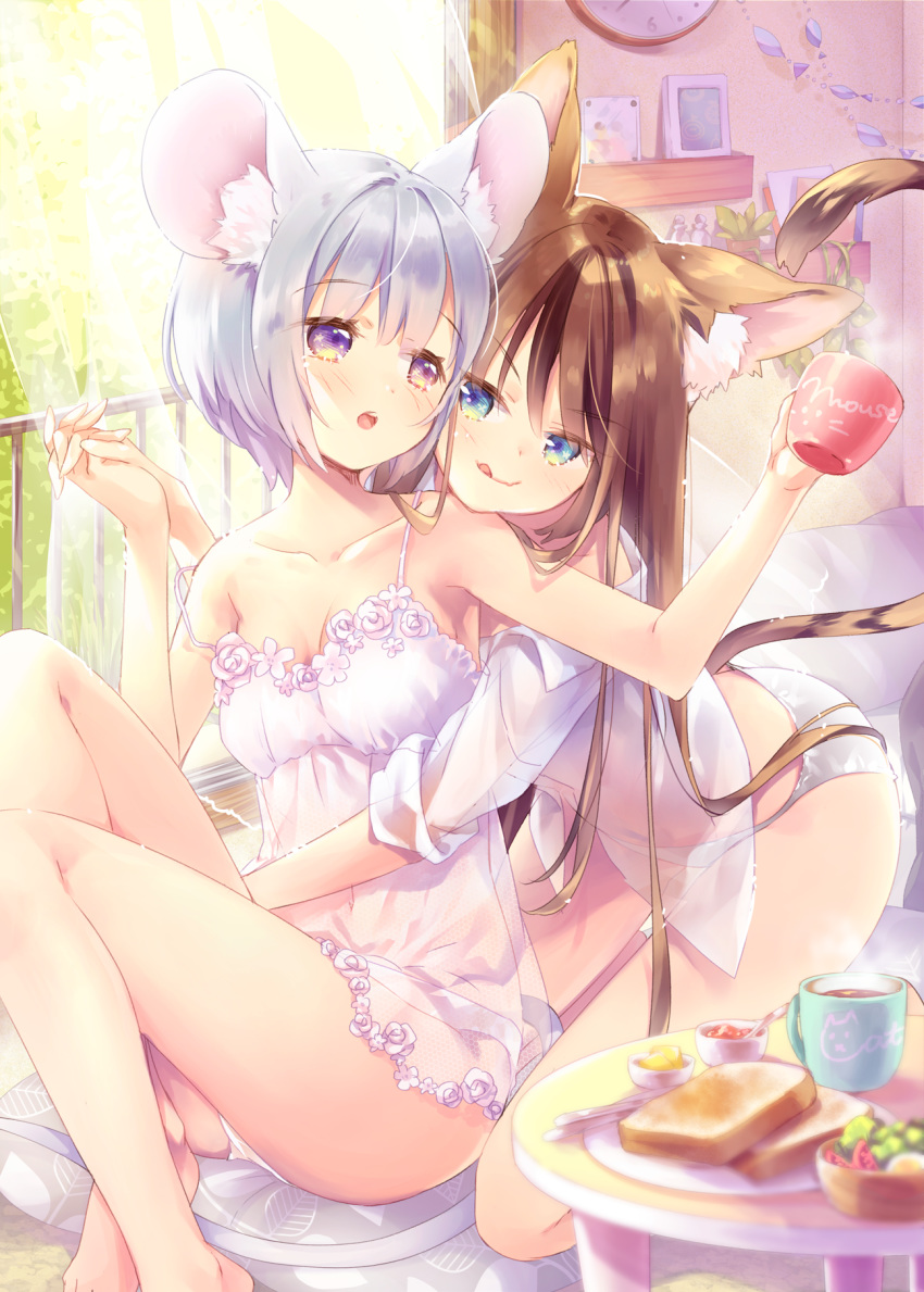 2girls animal_ear_fluff animal_ears bangs barefoot blue_eyes blush breasts brown_hair cat_ears cat_tail commentary_request cup day ech eyebrows_visible_through_hair food highres holding_hands hug hug_from_behind indoors kneeling lingerie mouse_ears mouse_tail mug multiple_girls negligee open_mouth original panties see-through shirt short_hair silver_hair sitting small_breasts tail toast underwear violet_eyes white_panties white_shirt yuri