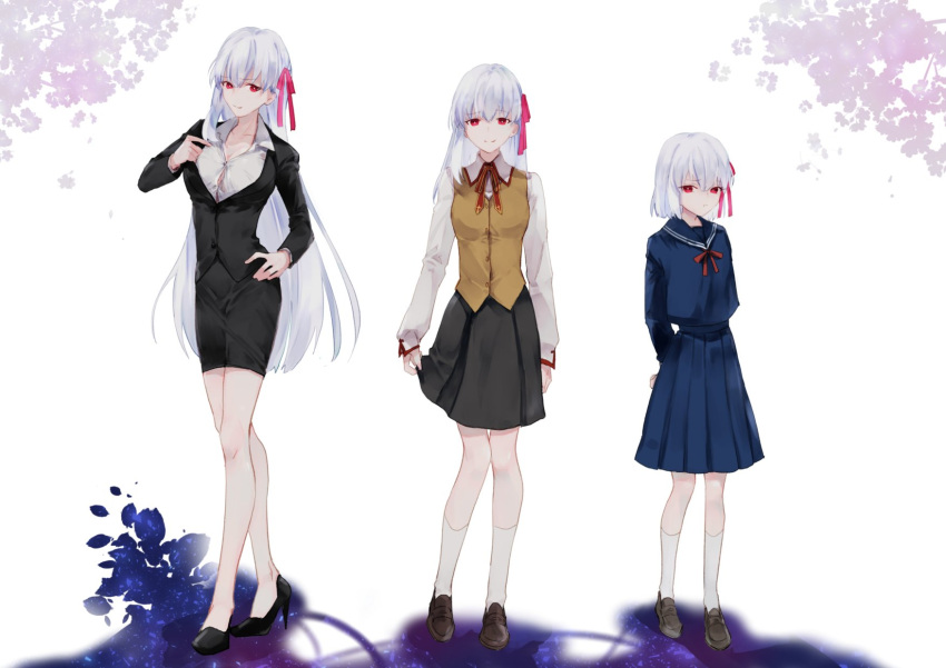 breasts cleavage fate/grand_order fate/stay_night fate_(series) high_heels highres homurahara_academy_uniform kama_(fate/grand_order) long_hair multiple_persona pout red_eyes school_uniform short_hair skirt skirt_tug smile very_long_hair white_hair