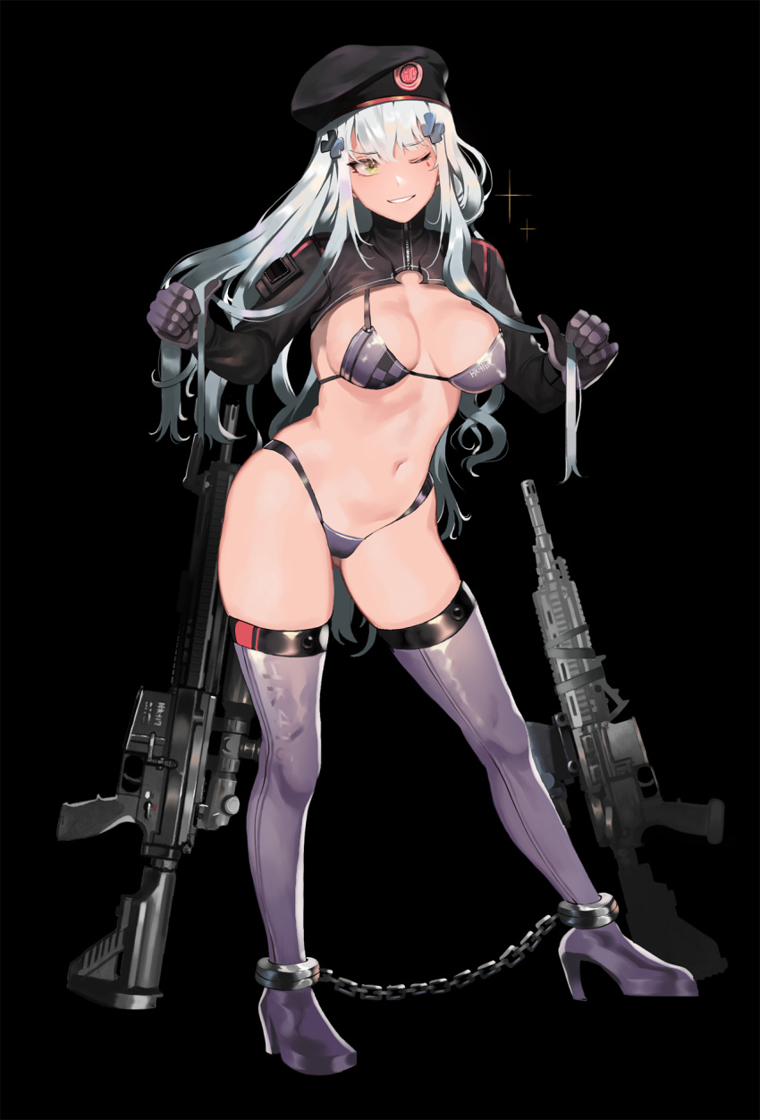 1girl adapted_costume assault_rifle bangs battle_rifle beret bikini black_background blunt_bangs blush boots breasts chains character_name clothes_writing cuffs eyebrows_visible_through_hair facial_mark full_body girls_frontline gloves gluteal_fold green_eyes grin groin gun h&amp;k_hk416 h&amp;k_hk417 hair_ornament hat heckler_&amp;_koch high_heel_boots high_heels highleg highleg_bikini highres hk416_(girls_frontline) holding holding_hair ihobus jacket large_breasts long_hair looking_at_viewer navel one_eye_closed purple_bikini purple_footwear rifle shackles shrug_(clothing) sidelocks silver_hair skindentation smile solo sparkle standing stomach swimsuit teardrop thigh-highs thigh_boots very_long_hair weapon