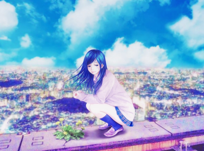 1girl blue_eyes blue_hair blue_legwear blue_skirt blue_sky blurry blurry_background brown_footwear crack dandelion flower long_hair long_sleeves looking_at_viewer original rooftop school_uniform skirt sky socks solo squatting sunday-offline uniform