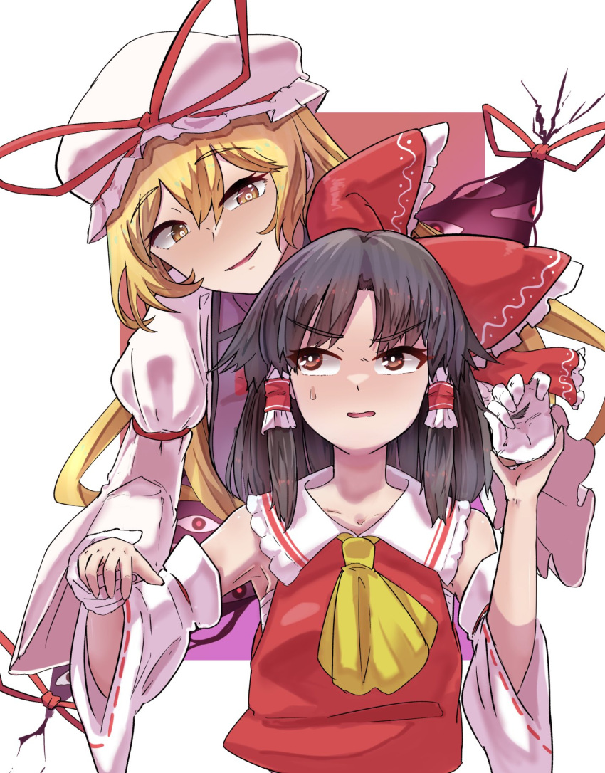 2girls ascot blonde_hair bow breasts brown_eyes collared_shirt dress elbow_gloves frilled_bow frilled_hair_tubes frilled_shirt_collar frills gap_(touhou) gloves hair_tubes hakurei_reimu hat hat_bow hat_ribbon highres holding_another's_wrist juliet_sleeves long_hair long_sleeves mob_cap multiple_girls open_mouth puffy_sleeves purple_tabard red_ribbon red_shirt ribbon shirt sidelocks sleeveless sleeveless_shirt small_breasts sweatdrop tabard touhou very_long_hair white_background white_dress white_gloves white_headwear white_sleeves wide_sleeves yakumo_yukari yellow_ascot yellow_ribbon yet_you