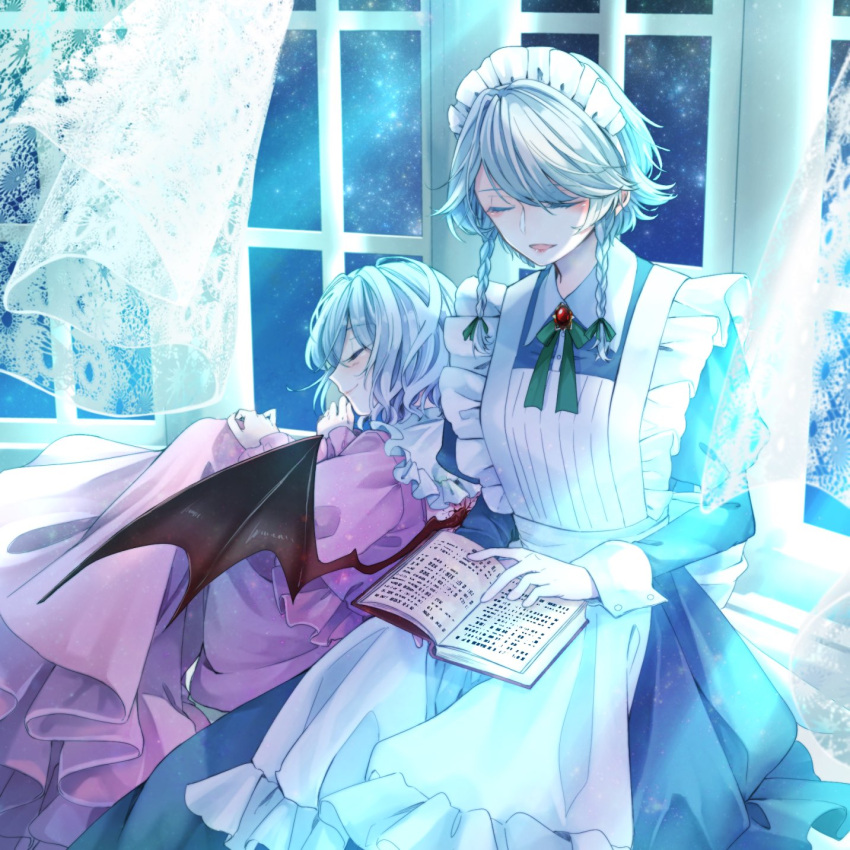 2girls apron bangs bat_wings blue_hair book braid brooch closed_eyes commentary_request curtains dress eyebrows_visible_through_hair feet_out_of_frame frilled_apron frilled_shirt_collar frills from_side green_neckwear green_ribbon hair_ribbon highres holding holding_book indoors izayoi_sakuya jewelry juliet_sleeves light_rays long_sleeves maid maid_apron maid_headdress multiple_girls neck_ribbon night night_sky no_hat no_headwear open_mouth pink_dress profile puffy_sleeves remilia_scarlet ribbon short_hair silver_hair sitting sky smile souta_(karasu_no_ouchi) star_(sky) starry_sky swept_bangs touhou twin_braids white_apron window wings