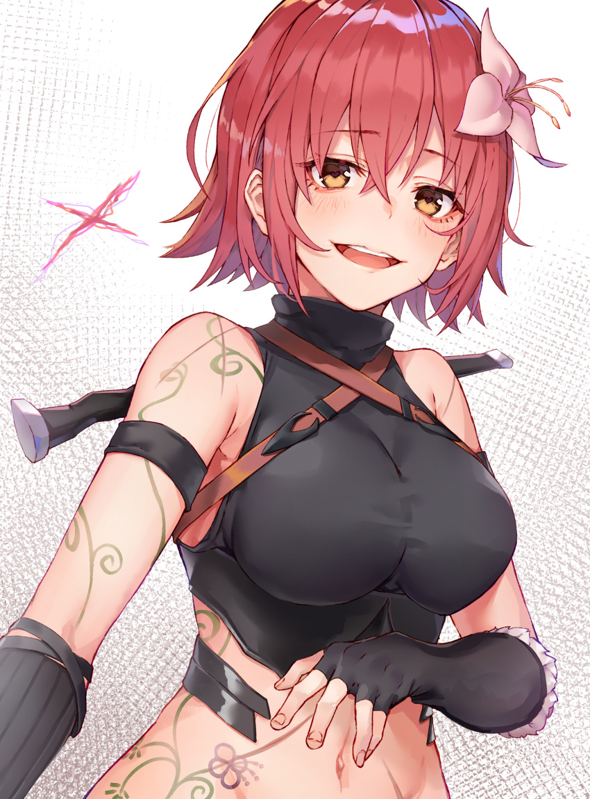 1girl :d absurdres armband bangs bare_shoulders black_cola black_gloves black_shirt blush breasts brown_eyes crop_top elbow_gloves fingerless_gloves flower frilled_gloves frills gloves hair_flower hair_ornament highres large_breasts looking_at_viewer midriff navel open_mouth original pink_flower redhead shirt short_hair sidelocks sleeveless sleeveless_shirt sleeveless_turtleneck smile solo stomach tattoo turtleneck upper_body