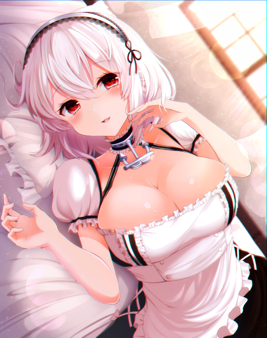 1girl apron azur_lane bangs black_dress blush breasts chromatic_aberration cleavage collarbone commentary_request day dress eyebrows_visible_through_hair fingernails frilled_apron frilled_pillow frills hair_between_eyes hairband hands_up highres indoors lace-trimmed_hairband lace_trim large_breasts looking_at_viewer lying maid nya_rl on_side parted_lips pillow puffy_short_sleeves puffy_sleeves red_eyes short_sleeves sirius_(azur_lane) solo sunlight waist_apron white_apron white_hair white_hairband window
