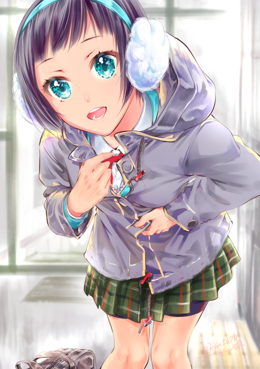 1girl araki_rena artist_name bending_forward bike_shorts blue_coat blue_eyes clothes_grab coat cowboy_shot doormat earmuffs entrance hairband highres hood hood_down indoors long_sleeves looking_at_viewer matatabi_kikuno miniskirt open_mouth plaid plaid_skirt purple_hair red_neckwear shirt short_hair shorts shorts_under_skirt skirt solo standing teeth tokyo_7th_sisters white_shirt window