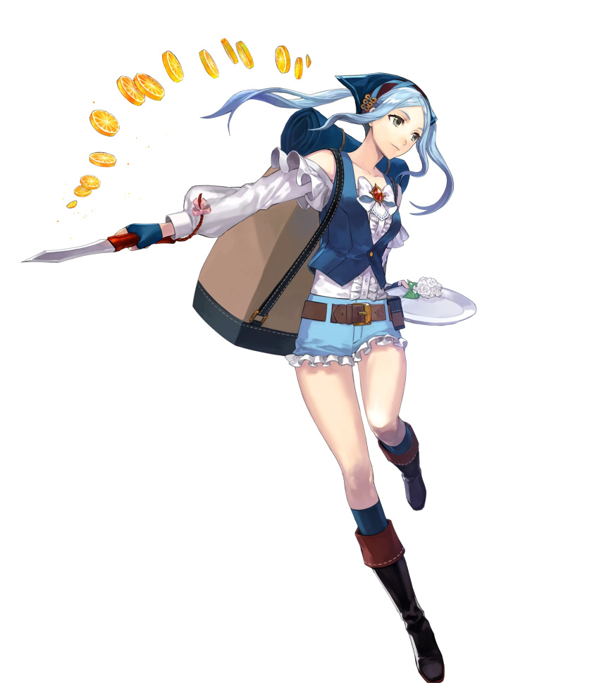 1girl bangs belt black_footwear blue_gloves blue_hair boots buttons dish fingerless_gloves fire_emblem fire_emblem_heroes fire_emblem_if flora_(fire_emblem_if) frills full_body gloves grey_eyes hakou_(barasensou) highres holding jewelry knife long_hair long_sleeves nintendo official_art ribbon shorts solo