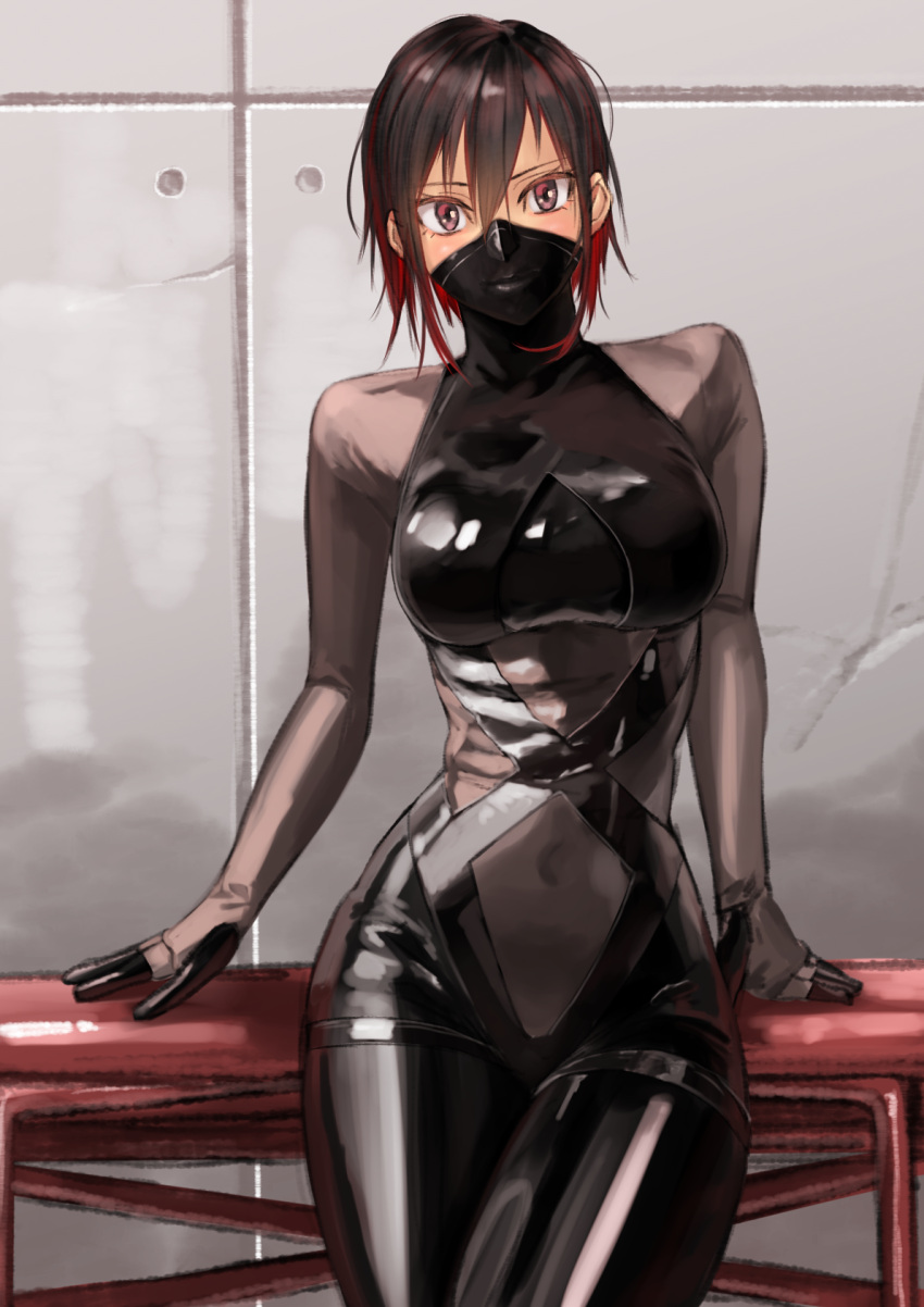 1girl arm_support bodysuit brown_eyes brown_hair covered_navel gimp_suit hair_between_eyes highres kilye_4421 latex_bodysuit legs_crossed mask original short_hair skin_tight tongue wall