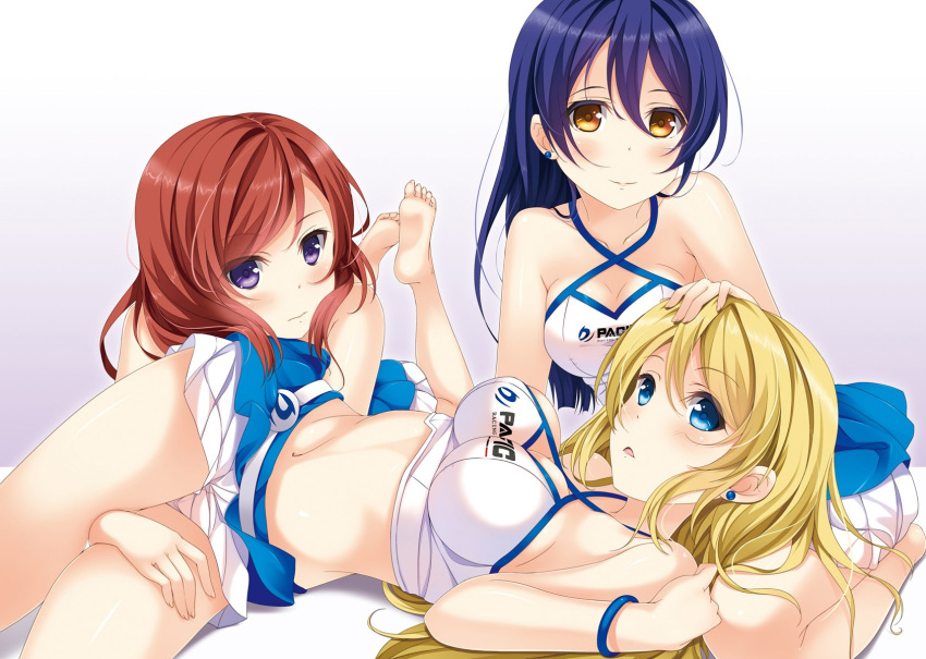 3girls ayase_eli bangs bare_shoulders barefoot blonde_hair blue_eyes blue_hair blush breasts commentary_request earrings eyebrows_visible_through_hair feet hair_between_eyes hair_down hand_on_another's_head highres hino_minato_(spec.c) jewelry lap_pillow long_hair looking_at_viewer love_live! love_live!_school_idol_project lying medium_breasts midriff multiple_girls navel nishikino_maki on_back racequeen redhead seiza short_hair simple_background sitting skirt sonoda_umi violet_eyes white_background yellow_eyes