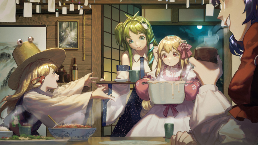 4girls ahoge animal_print apron bangs blonde_hair blue_neckwear blue_skirt blurry blush bottle brown_headwear character_request chun_lanlanlan colored_eyelashes cup depth_of_field detached_sleeves facing_viewer fingernails floral_print food_request frog_hair_ornament frog_print from_side full_moon green_eyes green_hair hair_between_eyes hair_ornament hair_ribbon hair_tubes happy holding holding_cup holding_pot holding_tray indoors kitchen kochiya_sanae layered_clothing leaning_forward long_hair moon moonlight moriya_suwako multiple_girls necktie night night_sky outstretched_arms oven_mitts parted_bangs parted_lips photo_(object) pink_apron pink_eyes pink_mittens profile purple_hair purple_vest red_ribbon red_shirt reflective_eyes ribbon shiny shiny_hair shiny_skin shirt short_hair side_ponytail sitting skirt sky sleeveless sleeveless_shirt snake_hair_ornament steam table teacup touhou tray very_long_hair vest white_shirt wide_sleeves yasaka_kanako yellow_eyes