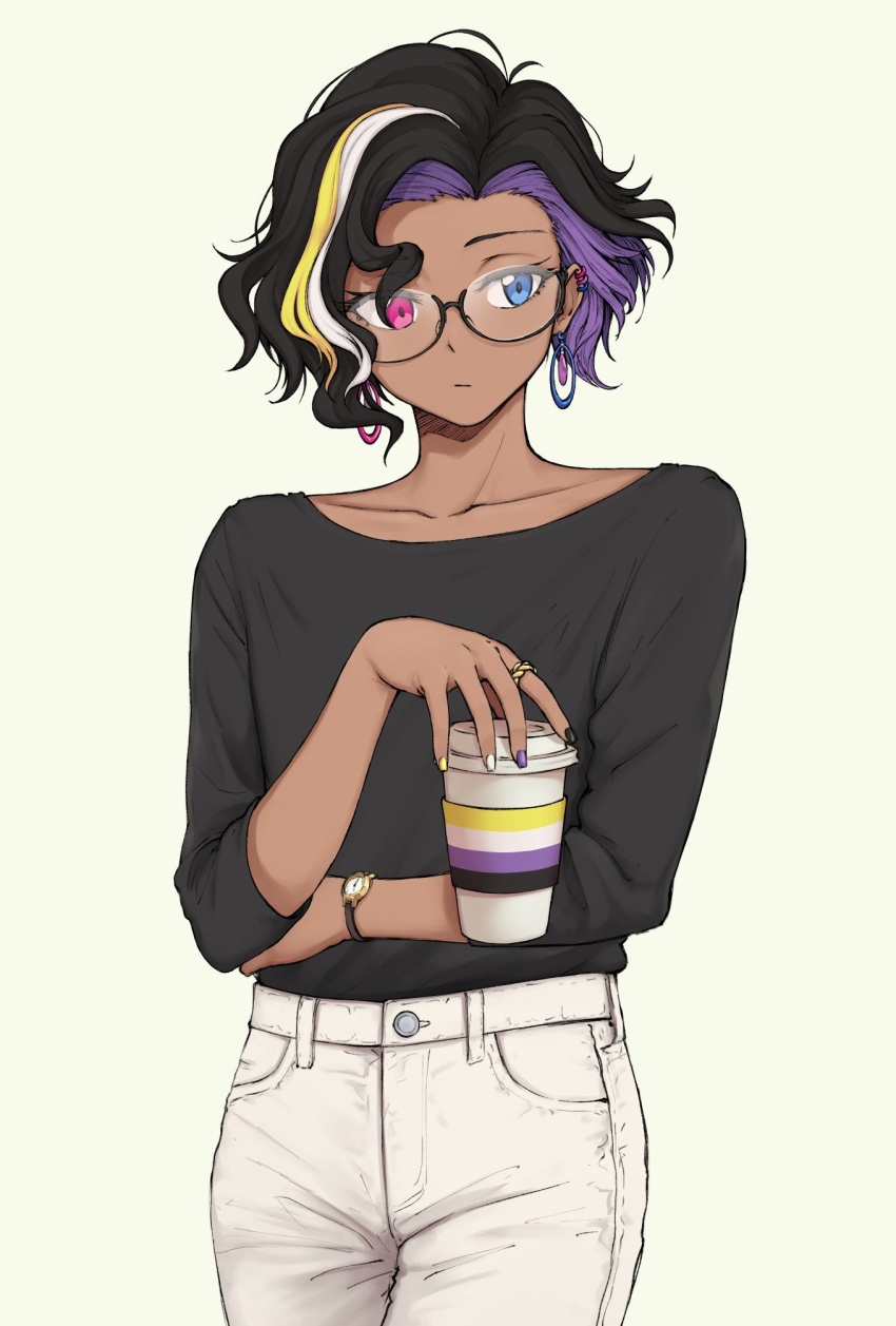 1non-binary bisexual_flag black_hair black_nails black_shirt blonde_hair blue_eyes cowboy_shot cup ear_piercing earrings eyebrows_visible_through_hair gay glasses heterochromia highres holding holding_cup jewelry lgbt_pride long_sleeves multicolored_hair nail_polish non-binary_flag original pants pas_(paxiti) piercing pink_eyes pride_flag purple_hair purple_nails queer ring shirt shirt_tucked_in short_hair simple_background solo streaked_hair trans watch white_hair white_nails white_pants yellow_background yellow_nails