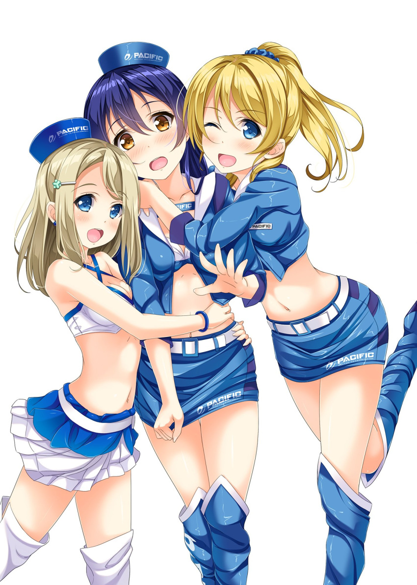 3girls ayase_arisa ayase_eli bangs blonde_hair blue_eyes blue_hair blue_scrunchie blue_skirt blush boots earrings eyebrows_visible_through_hair hair_between_eyes hair_ornament hairclip hand_on_another's_hip hand_on_another's_shoulder hat highres hino_minato_(spec.c) hug jewelry leg_up long_hair looking_at_viewer love_live! love_live!_school_idol_project midriff multiple_girls navel non-web_source one_eye_closed open_mouth ponytail sandwiched scan scrunchie simple_background skirt skirt_tug sonoda_umi thigh-highs thigh_boots white_background yellow_eyes
