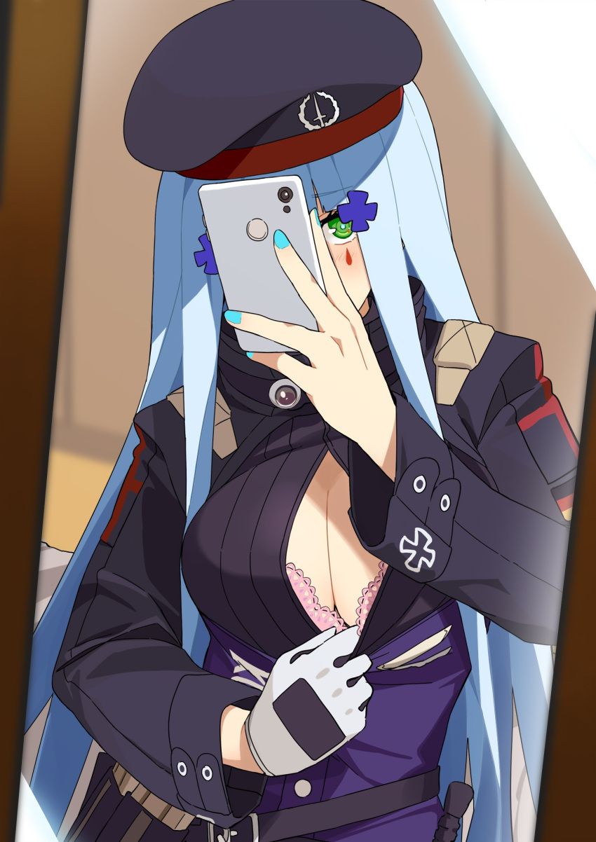 1girl beret blue_nails bra breasts cellphone cleavage commentary facial_mark girls_frontline gloves green_eyes hat highres hk416_(girls_frontline) holding holding_cellphone holding_phone jacket large_breasts long_hair long_sleeves looking_at_viewer mirror nail_polish ningen_(ningen96) phone silver_hair solo underwear upper_body white_gloves