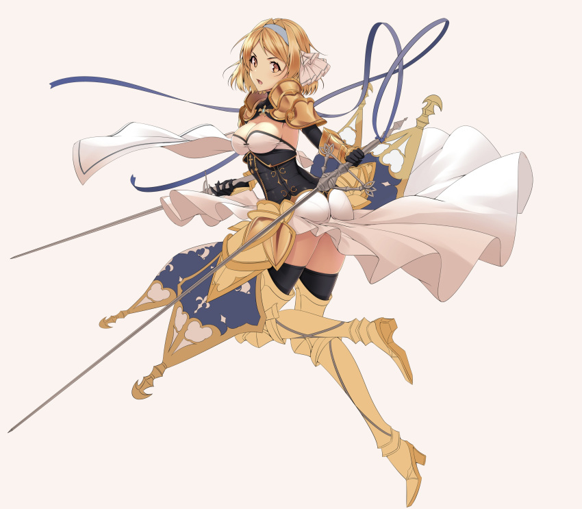 1girl absurdres armor ass black_legwear blonde_hair blue_ribbon breasts chrysaor_(granblue_fantasy) cleavage corset djeeta_(granblue_fantasy) dual_wielding elbow_gloves gloves granblue_fantasy hair_ribbon highres holding koyaya medium_breasts open_mouth pauldrons ribbon short_hair solo sword thigh-highs thighs weapon white_background yellow_eyes