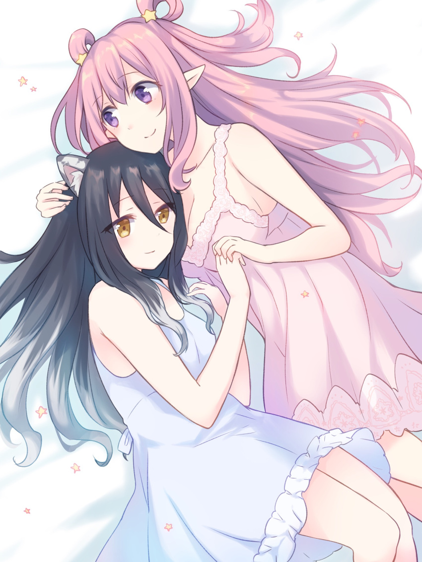 2girls animal_ear_fluff animal_ears bangs bare_arms bare_shoulders bed_sheet black_hair blush breasts brown_eyes cleavage closed_mouth commentary_request dress eyebrows_visible_through_hair gucchiann hair_between_eyes hair_ornament highres kashiwazaki_hatsune kashiwazaki_shiori long_hair lying medium_breasts multiple_girls on_side pink_dress princess_connect! princess_connect!_re:dive purple_dress siblings sisters sleeveless sleeveless_dress small_breasts smile star star_hair_ornament two_side_up very_long_hair violet_eyes