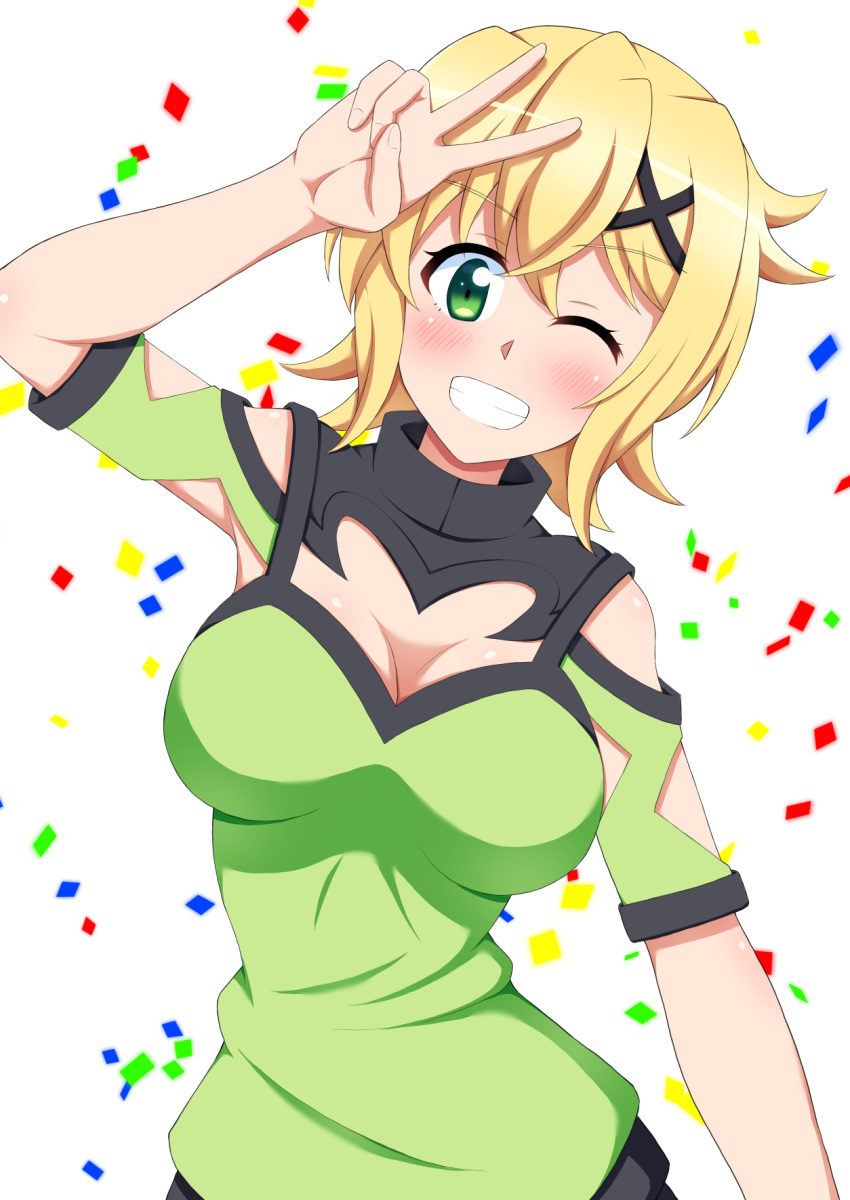 1girl akatsuki_kirika blonde_hair blush breasts cleavage cleavage_cutout confetti eyebrows_visible_through_hair green_eyes green_shirt hair_between_eyes hair_ornament highres looking_at_viewer medium_breasts one_eye_closed parted_lips senki_zesshou_symphogear shiny shiny_hair shiny_skin shirt short_hair short_sleeves smile sukeberosu teeth upper_body v x_hair_ornament