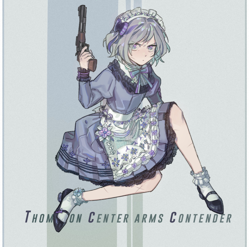 1girl apron bow commentary contender_(girls_frontline) cretaceum dress frilled_dress frilled_legwear frills full_body girls_frontline grey_hair gun hair_bow handgun holding holding_gun holding_weapon juliet_sleeves long_sleeves looking_at_viewer maid maid_headdress multicolored_hair official_alternate_costume puffy_sleeves purple_hair short_hair solo streaked_hair thompson/center_contender violet_eyes weapon