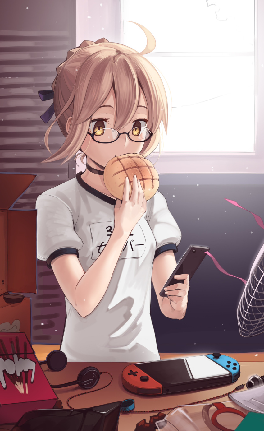 1girl absurdres ahoge artoria_pendragon_(all) blonde_hair boa_(brianoa) bottle_cap braid bread cellphone coh cowboy_shot eating fan fate/grand_order fate_(series) food french_braid gym_uniform headphones highres melon_bread mysterious_heroine_x_(alter) nintendo_switch phone pocky raised_eyebrows smartphone yellow_eyes