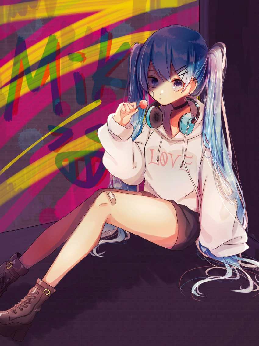 artist_name bandage bandage_on_face bandage_on_knee bangs beige_hoodie beige_sweater black_shorts blue_hair brown_footwear candy clenched_hand collar commentary earpiece earrings food hair_ornament hairclip hand_on_ground hatsune_miku headphones headphones_around_neck highres holding_lollipop hood hooded_sweater hoodie jewelry lollipop long_hair looking_at_viewer mame_kuri multicolored multicolored_background serious shiny shiny_clothes shiny_hair shiny_skin shoes short_shorts shorts sitting sparkling_eyes sweater thighs twintails very_long_hair violet_eyes vocaloid