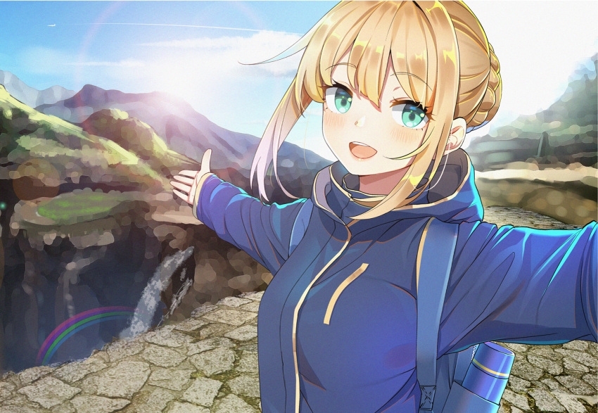 1girl aqua_eyes artoria_pendragon_(all) backpack bag blonde_hair blue_jacket blue_sky blurry braid clouds cobblestone commentary_request depth_of_field eyebrows_visible_through_hair fate_(series) french_braid hair_between_eyes hood hood_down hooded_jacket jacket kongbai lens_flare looking_at_viewer mountain open_mouth outstretched_arms rainbow saber scenery self_shot sidelocks sky solo spread_arms standing stone_walkway thermos upper_body upper_teeth vacation water waterfall