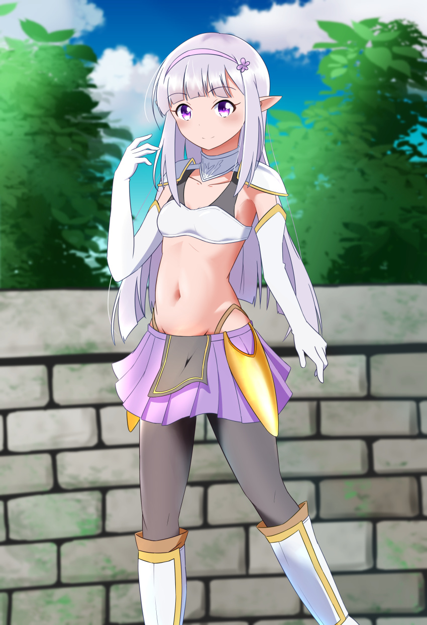 1girl absurdres armor bikini_armor black_legwear blush boots breasts brick_wall collarbone elbow_gloves elf elnowar_seylan endro! eyebrows eyebrows_visible_through_hair gloves groin hair_ornament hairband highres long_hair midriff navel outdoors pantyhose pointy_ears purple_hair shiny shiny_hair skirt small_breasts smile solo violet_eyes wall white_gloves