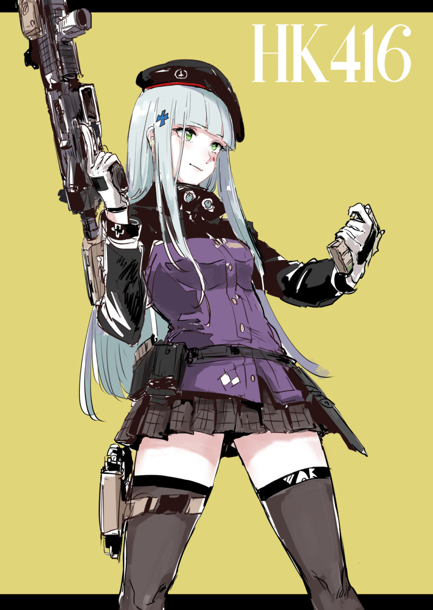 1girl assault_rifle beret black_legwear blue_hair breasts character_name girls_frontline gloves green_eyes gun h&amp;k_hk416 hair_ornament handgun hat highres hime_cut hk416_(girls_frontline) holding holding_gun holding_weapon holster jacket long_hair osakana_(denpa_yun'yun) rifle skirt smile solo thigh_holster weapon white_gloves