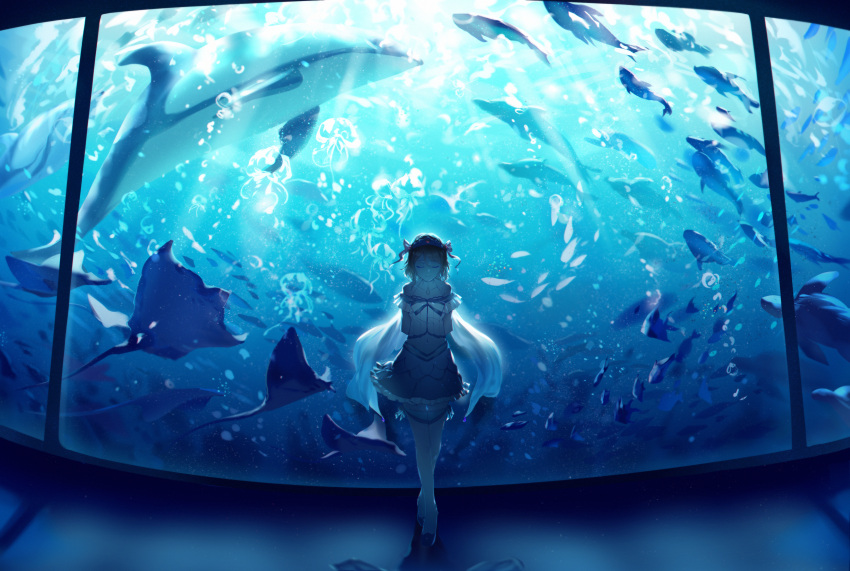 1girl absurdres aquarium arms_behind_back bangs bare_shoulders blonde_hair cicirelrel closed_eyes collarbone dolphin eyebrows_visible_through_hair facing_viewer fish full_body halterneck highres huge_filesize jewelry love_live! love_live!_school_idol_project love_live!_sunshine!! manta_ray midriff navel pendant short_hair smile standing thigh-highs tiara watanabe_you