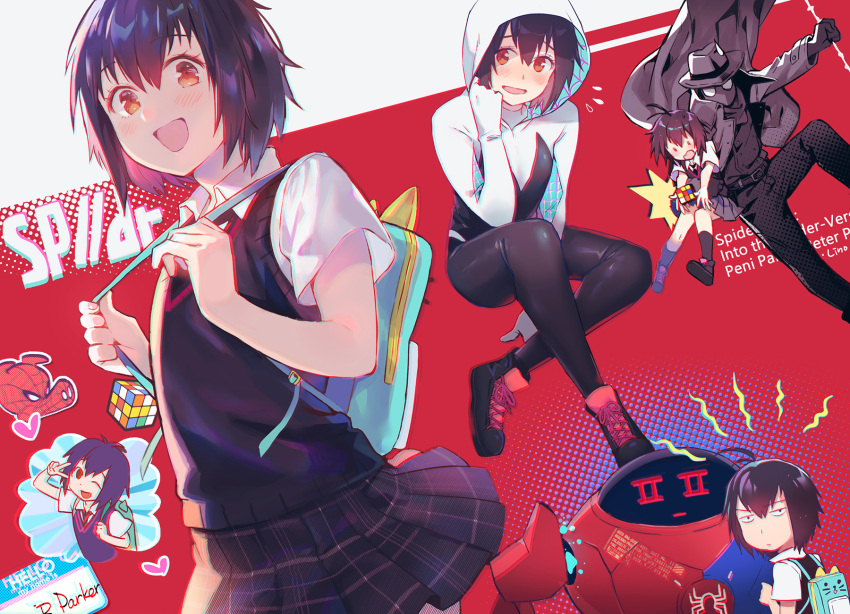 1girl bag black_hair blush chromatic_aberration cosplay half-closed_eyes heart highres hood lino_chang marvel open_mouth peni_parker pig_boy red_eyes rubik's_cube school_uniform short_hair short_sleeves skirt smile solo_focus sp//dr spider-gwen spider-gwen_(cosplay) spider-ham spider-man:_into_the_spider-verse spider-man_(series) spider-man_noir superhero