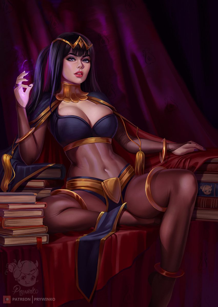1girl artist_name barefoot black_hair book bracelet breasts cape cleavage collar covered_navel curtains energy fire_emblem fire_emblem:_kakusei highres indoors jewelry large_breasts lips lipstick long_hair looking_at_viewer makeup nail_polish navel nintendo olga_narhova parted_lips see-through sitting solo spread_legs tharja torn_clothes violet_eyes