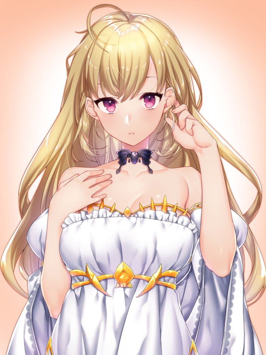 1girl absurdres adjusting_hair ahoge alternate_costume bare_shoulders blonde_hair blush breasts cleavage collarbone hair_down hand_on_own_chest highres nijisanji open_mouth pink_background takamiya_rion upper_body violet_eyes virtual_youtuber wide_sleeves yutazou