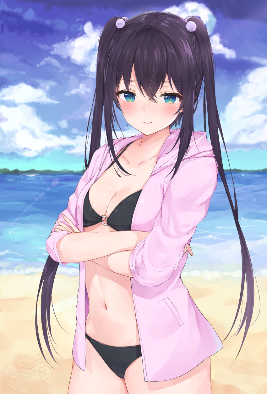 1girl absurdres aqua_eyes bangs beach bikini black_bikini black_hair blue_sky blush breasts character_request cleavage closed_mouth clouds cloudy_sky collarbone commentary_request copyright_request cowboy_shot crossed_arms day frown glint hair_between_eyes hair_bobbles hair_ornament highres hood hood_down hooded_jacket jacket long_hair long_sleeves looking_at_viewer navel ocean open_clothes open_jacket outdoors pink_jacket racchi. sand sky small_breasts solo standing stomach swimsuit thighs twintails very_long_hair water