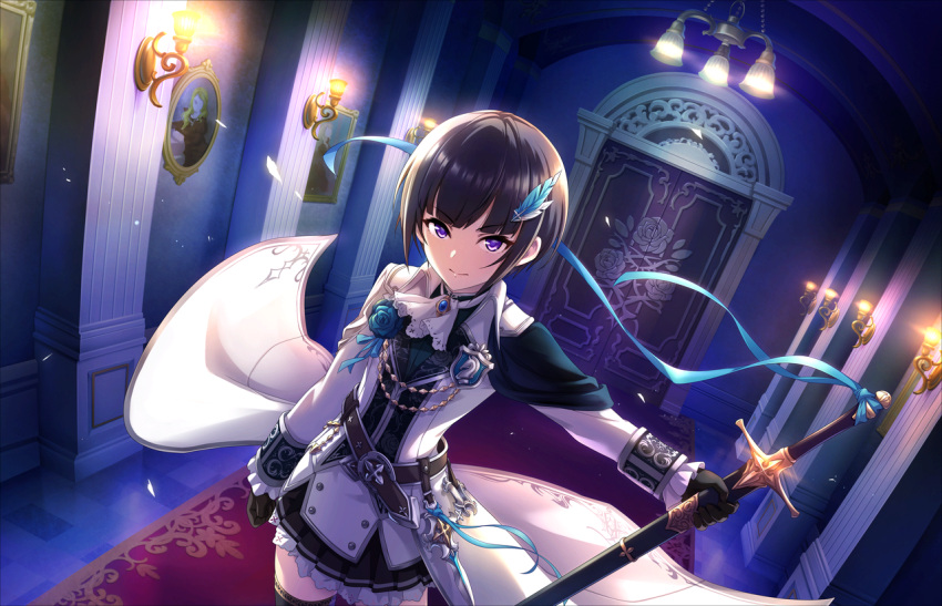 1girl bangs belt black_gloves black_hair black_legwear blue_flower blue_ribbon blue_rose blunt_bangs bob_cut brooch closed_mouth door eyebrows_visible_through_hair feathers flower frilled_sleeves frills gloves hair_feathers holding holding_sword holding_weapon idolmaster idolmaster_cinderella_girls idolmaster_cinderella_girls_starlight_stage indoors jewelry long_sleeves looking_at_viewer official_art portrait_(object) ribbon rose sheath sheathed shirayuki_chiyo short_hair skirt solo standing sword thigh-highs violet_eyes weapon zettai_ryouiki