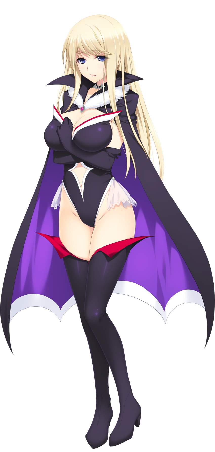 1girl absurdres bangs black_footwear black_gloves black_legwear blonde_hair blue_eyes boots breasts cape cleavage cosplay elbow_gloves full_body fur_trim gloves highres iizuki_tasuku large_breasts leotard lips long_hair looking_at_viewer lovely_x_cation_2 smile solo thigh-highs thigh_boots transparent_background yoshinoya_seine