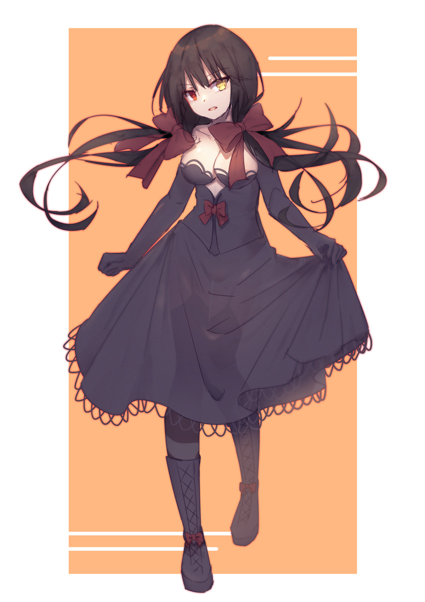 1girl :d bare_shoulders black_dress black_footwear black_gloves black_hair black_legwear boots bow breasts cleavage clock_eyes commentary_request date_a_live dress dress_tug elbow_gloves full_body garter_straps gloves hair_bow heterochromia highres knee_boots leg_up long_hair looking_at_viewer medium_breasts mo_(pixiv9929995) open_mouth red_bow red_eyes ribbon-trimmed_dress see-through smile solo symbol-shaped_pupils thigh-highs tokisaki_kurumi twintails very_long_hair yellow_eyes