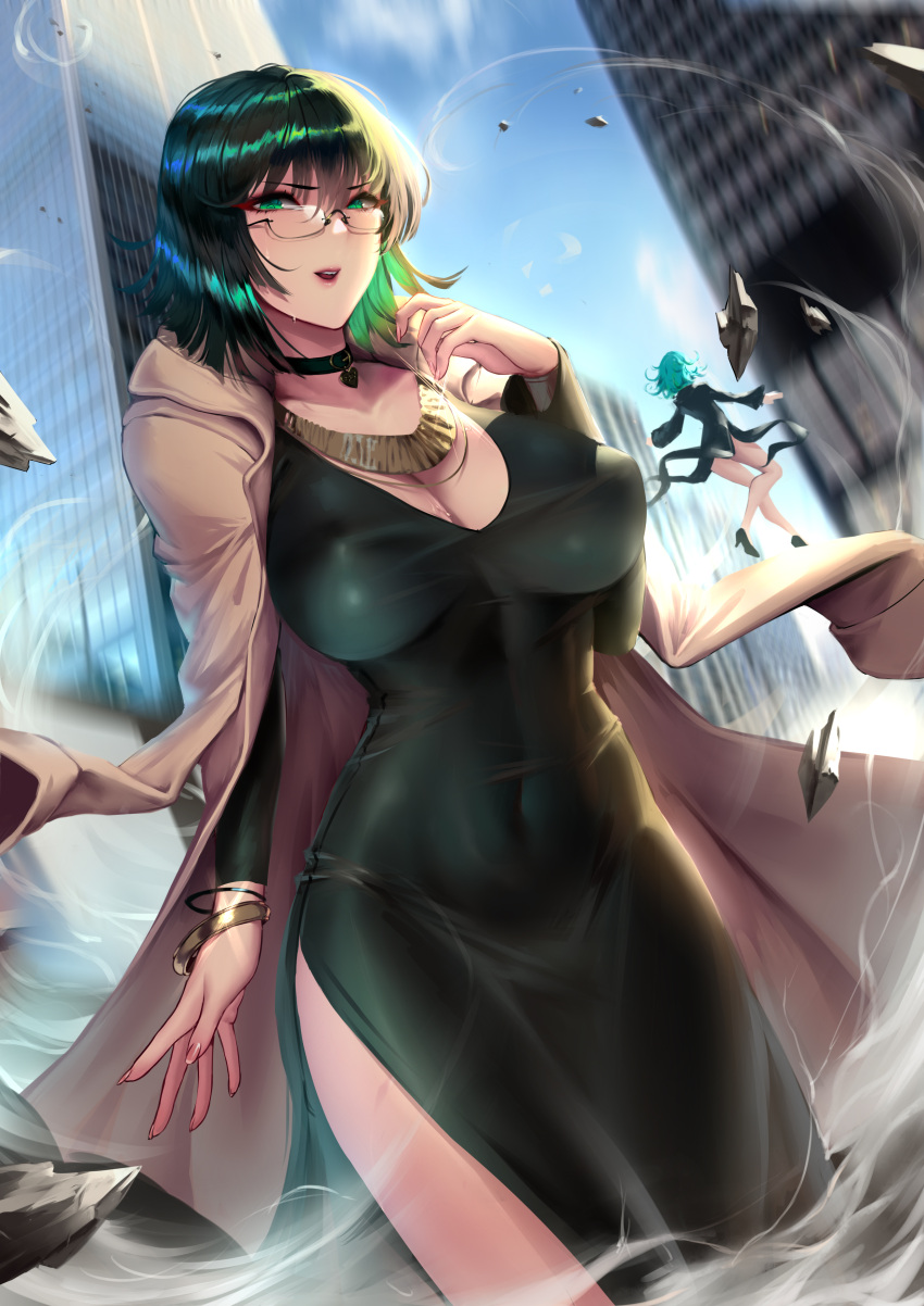 2girls absurdres bangs bare_legs bespectacled black_choker black_dress black_footwear blue_sky bracelet breasts brown_coat building choker cian_yo coat collarbone covered_navel curly_hair curvy day dress erect_nipples eyebrows_visible_through_hair facing_away fingernails flying from_below fubuki_(one-punch_man) glasses glint green_eyes green_hair hair_between_eyes half-closed_eyes hand_up heart heart_choker high_heels highres impossible_clothes impossible_dress jacket_on_shoulders jewelry large_breasts long_dress long_sleeves looking_at_viewer medium_hair multiple_girls necklace one-punch_man open_clothes open_coat open_mouth outdoors paid_reward patreon_reward rimless_eyewear rock shiny shiny_hair siblings side_slit sisters sky skyscraper standing sweat tatsumaki telekinesis visible_air wind